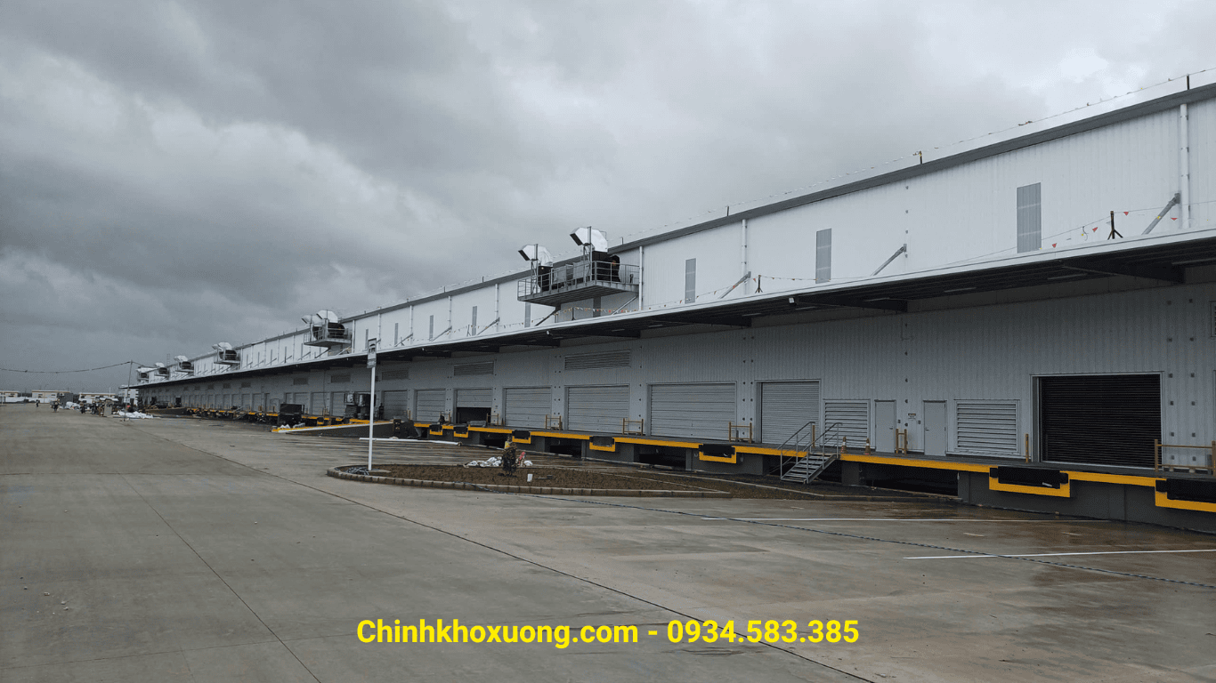 Row of loading docks along a long white warehouse under cloudy sky; yellow safety rails and ramps with a bottom-corner contact text.