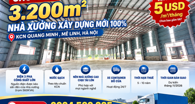 Cho thuê kho xưởng khu công nghiệp Quang Minh 3200m2 kho xưởng khu công nghiệp quang minh